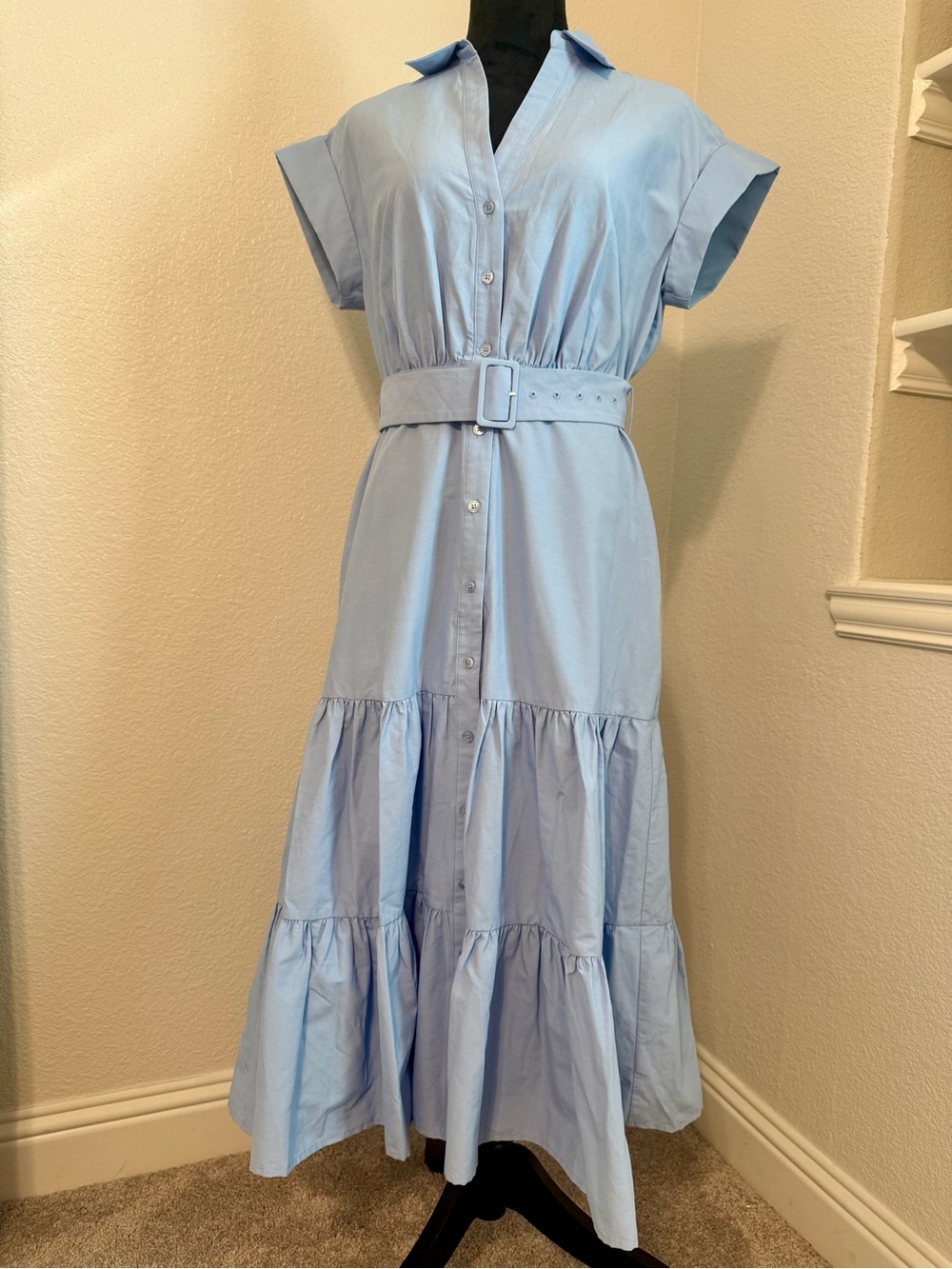 LENU Light Blue Belted Tiered Maxi Dress